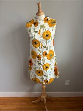 Sleeveless White Mini Dress with Yellow Poppy Floral Print